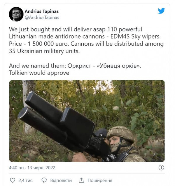 Журналіст із Литви передасть Україні понад сотню «Убивць орків»